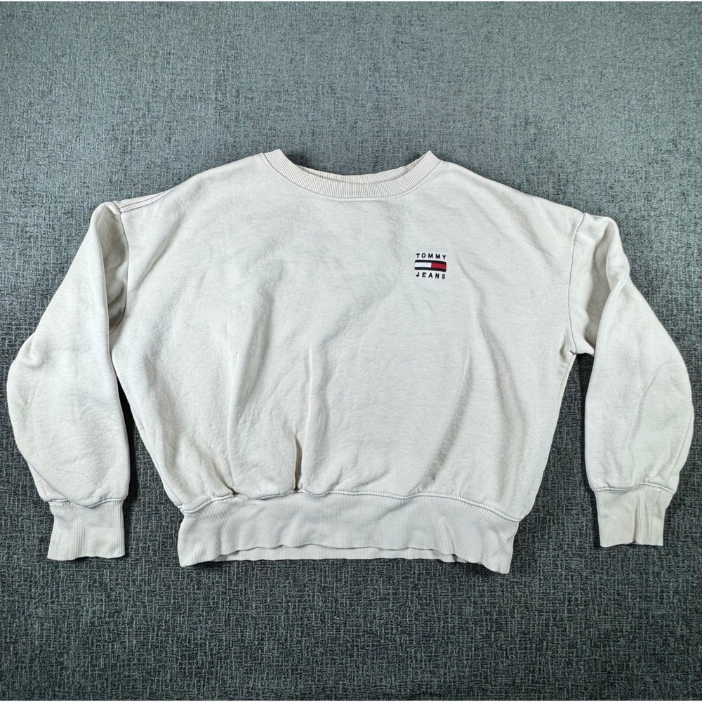 Tommy Jeans Womens Cream Fleece Crewneck Sweatshirt Logo Pullover Size M